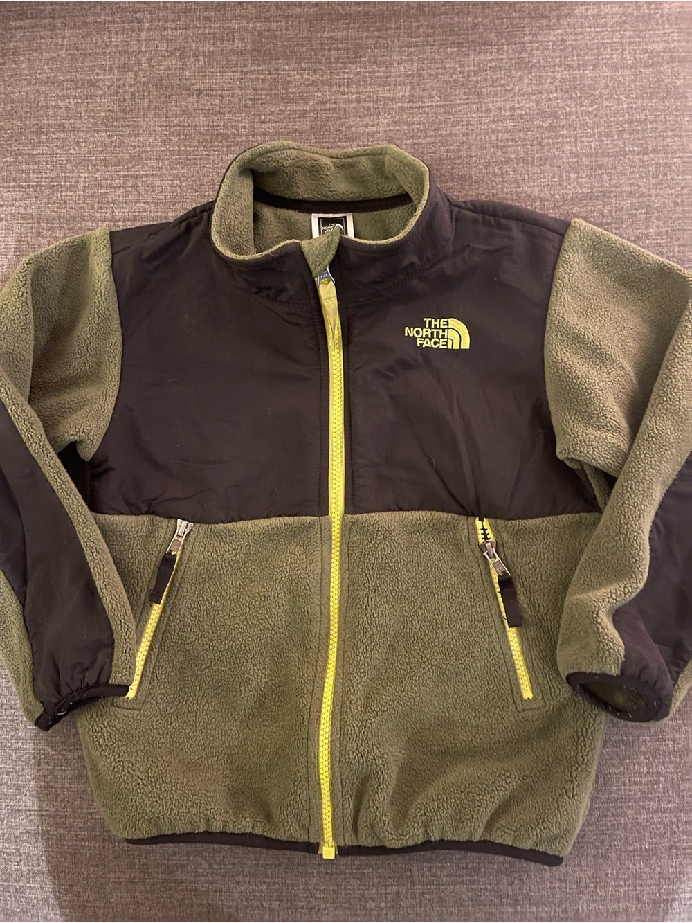 The North Face Kids Olive Green Fleece Jacket with Yellow Accents